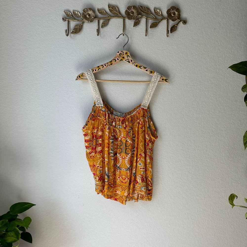 NWT Rachel Zoe Yellow Pink Printed Tank Crochet Straps oversized XS, fits S-M